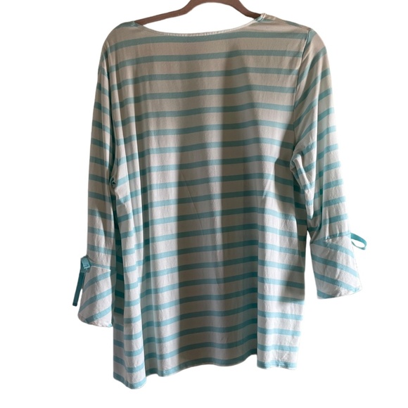 Chicos Square Neck 3/4 Sleeve Top, Aqua and White Stripes Large - Picture 2 of 6